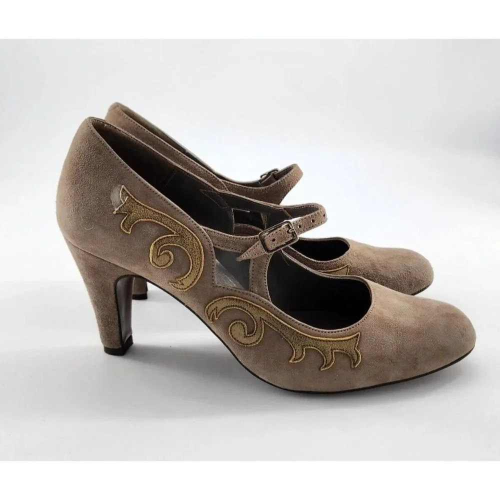 Lulu Guinness Women's Leather Slip On Mary Jane Pump Heels Tan Suede EUR 38 US 7